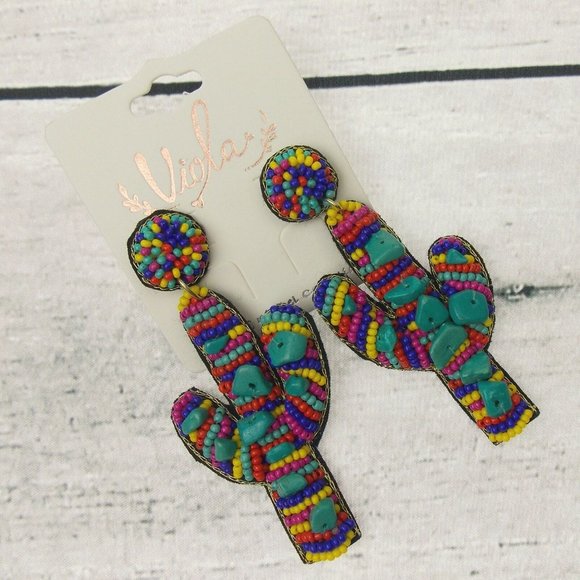 Viola Seed Beads Cactus Succulent Holiday Earrings Handcrafted Bling Boho Dangle - Picture 1 of 3